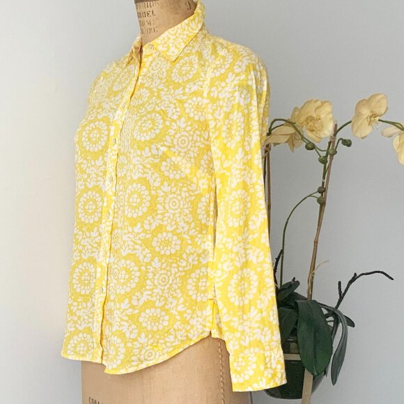 TALBOTS  Petites Yellow and White Flora Cotton Roll Tab Sleeve Summer Shirt - Picture 5 of 16